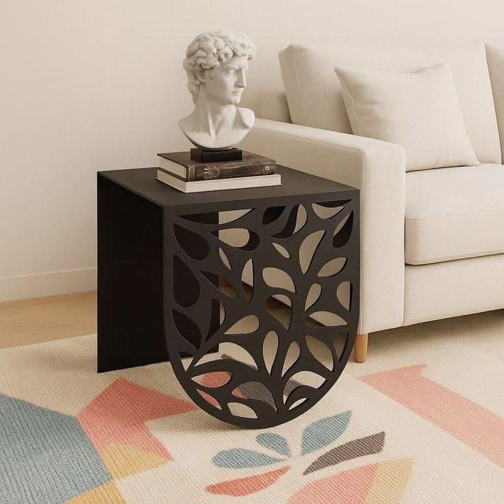 Floral Cutwork Drum Side Table – Black