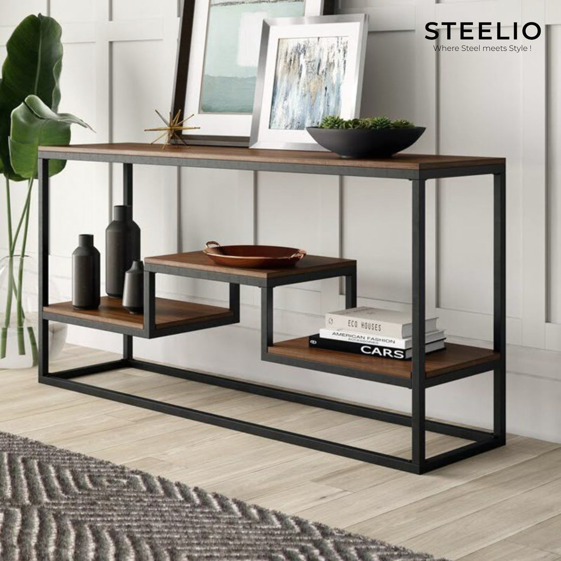 Wood & Steel Shelf Console