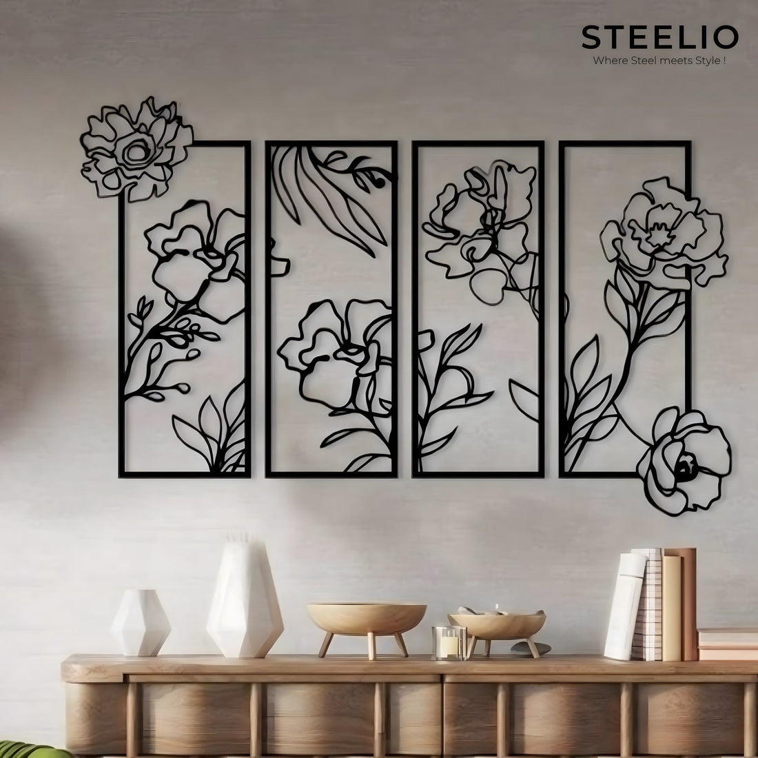 Floral Line Art Metal Wall Art (Set of 4)