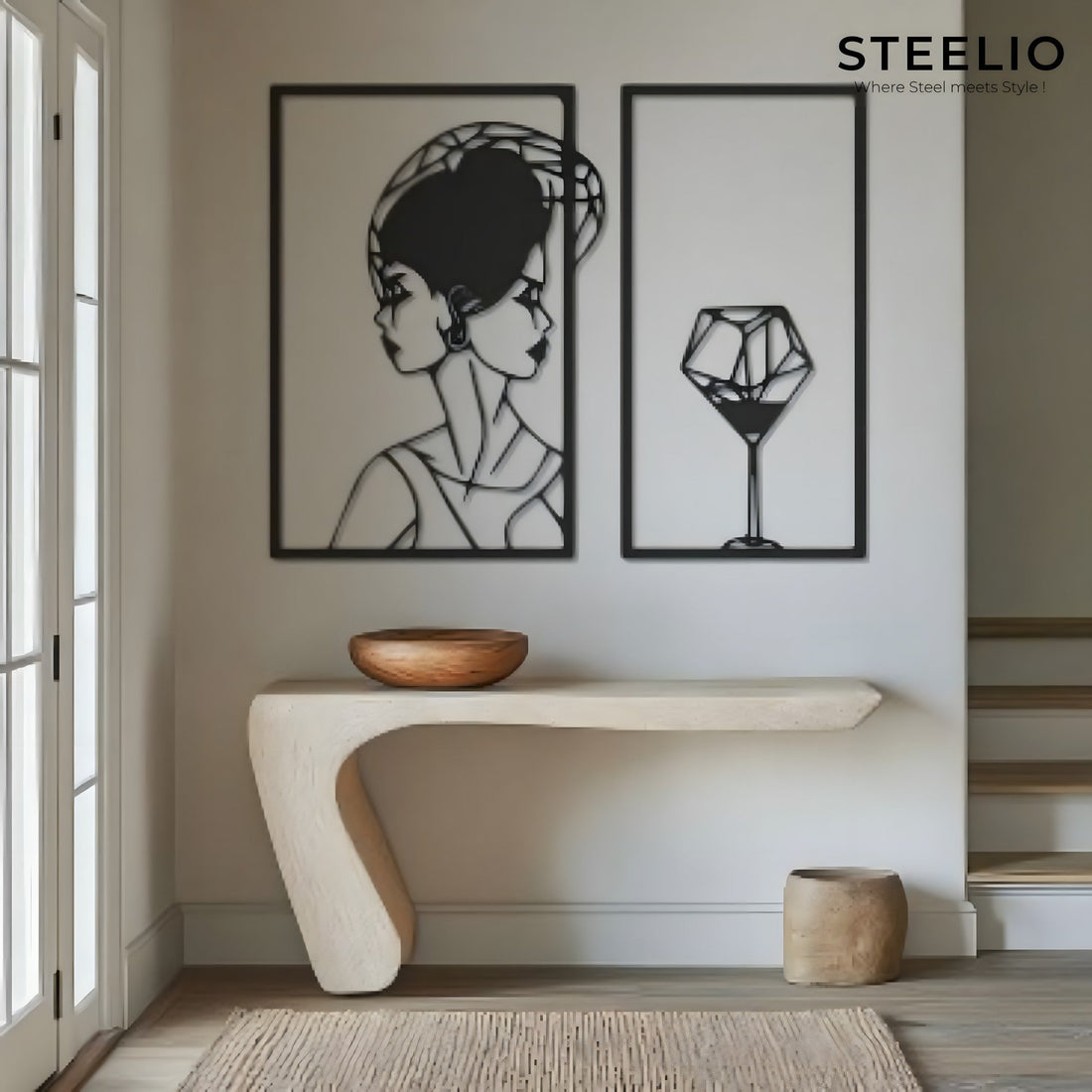 Lady with Wine Line Metal Wall Art