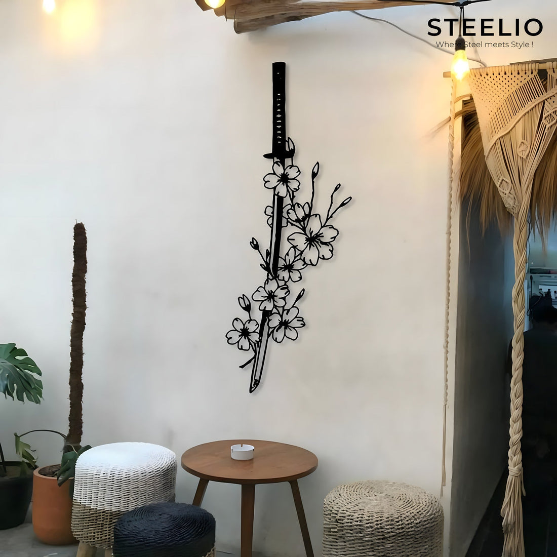 Katana & Cherry Blossoms Metal Wall Art